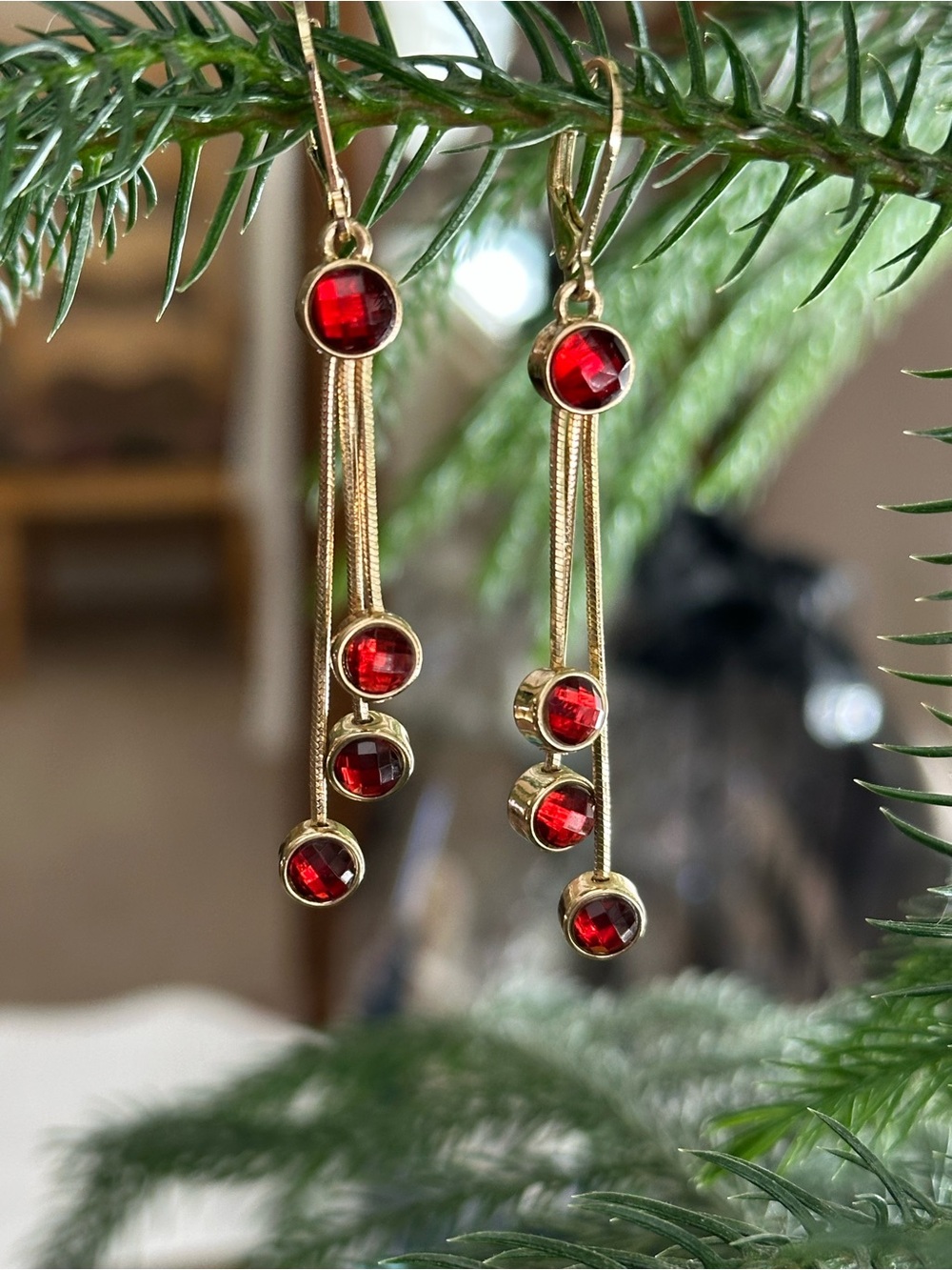 Gold Drop Earrings with Red Gemstones - Elegant Dangle Jewelry